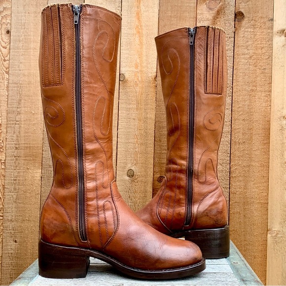 Sold Frye Campus Vintage Y2K Boots Retro Swirl Tall Knee High Chunky Brown Zip - Picture 7 of 11